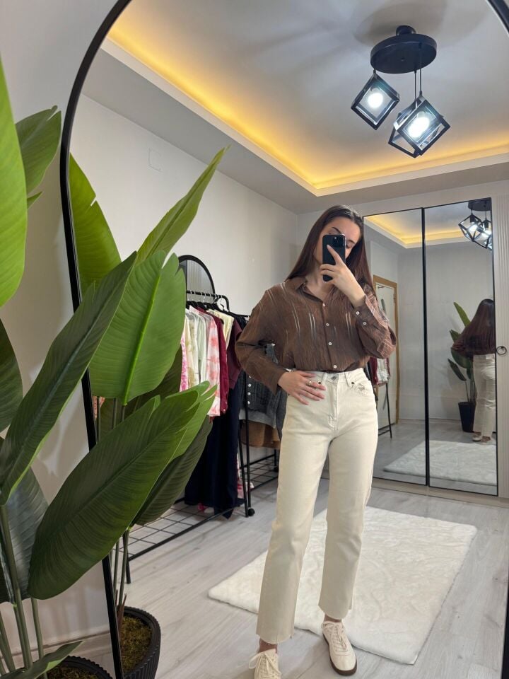 BEJ RENGİ KESİK PAÇA JEAN